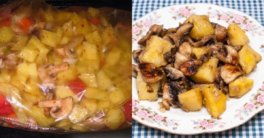 Картошка с мясом и грибами запеченная в рукаве
